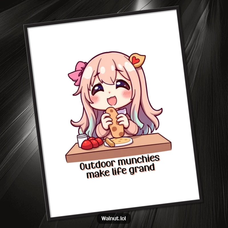 Funny Free Printable Wall Art: Character Outdoors Enjoying a Snack with Pure Glee, Cheerful Digital Download