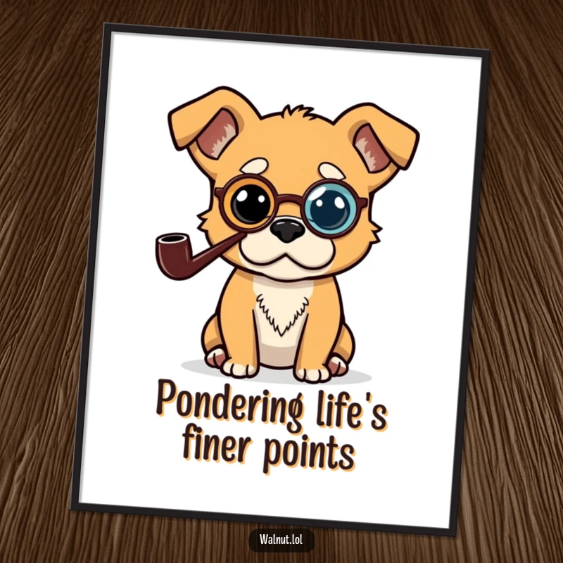 Funny free printable wall art of a dog wearing a monocle and smoking a pipe, deep in intellectual contemplation.