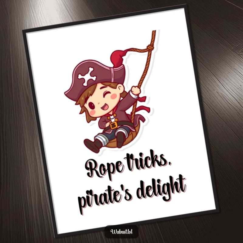 Funny Free Printable pirate sliding rapidly down a rope, dynamic and adventurous wall decor.