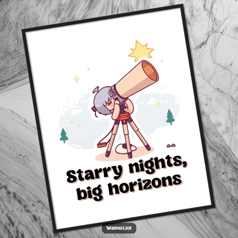 Funny Free Printable Wall Art depicting a character deeply engrossed in stargazing with a comically large telescope.