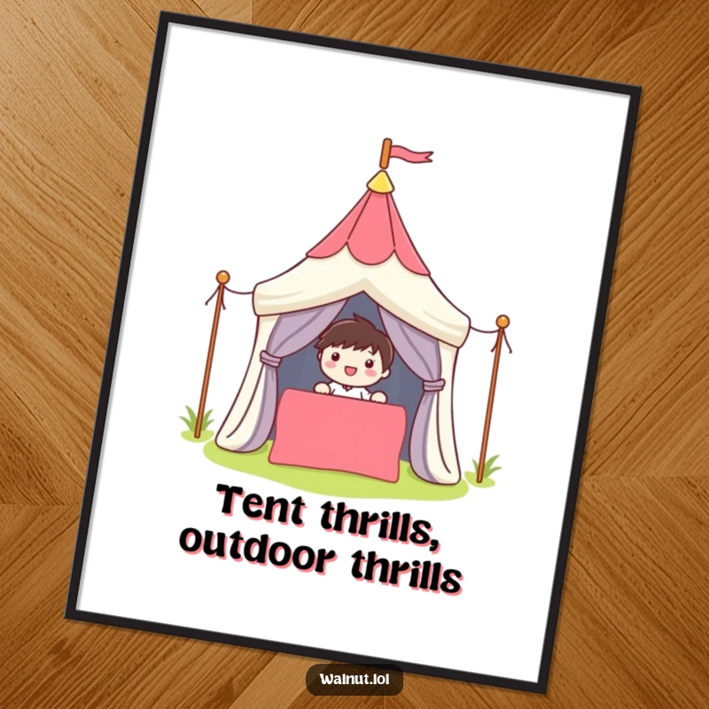 Funny Free Printable Wall Art depicting a character happily setting up a colorful tent, embracing outdoor fun.