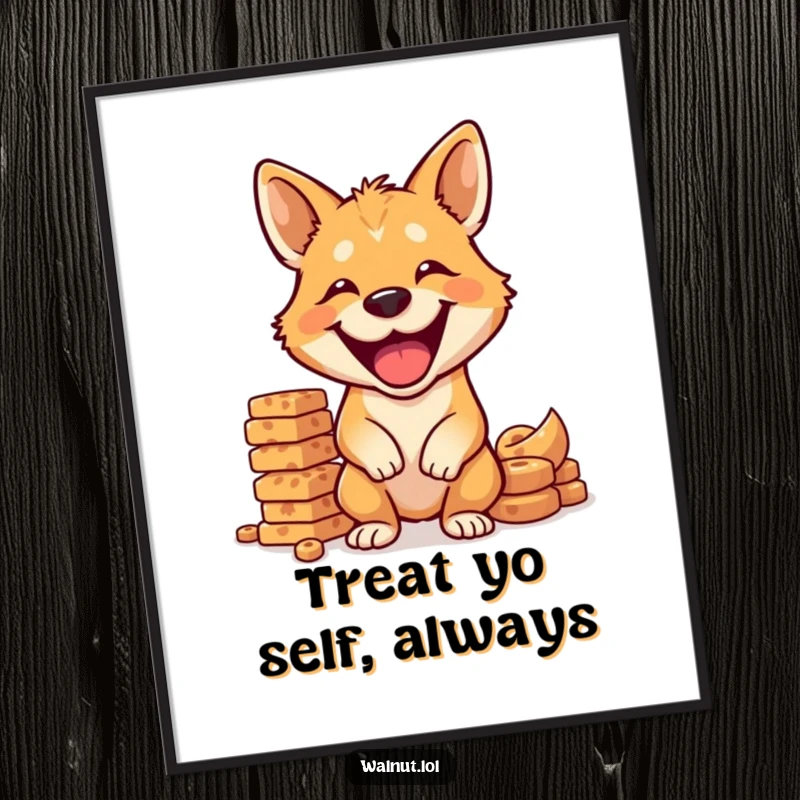 Funny Free Printable Wall Art: A dog with a huge, happy grin masterfully balances a precarious, tall stack of yummy dog treats.