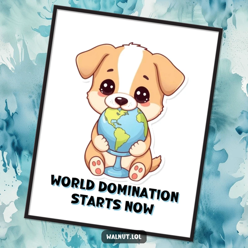 Funny free printable wall art of a dog holding a small globe with a very thoughtful and analytical expression.