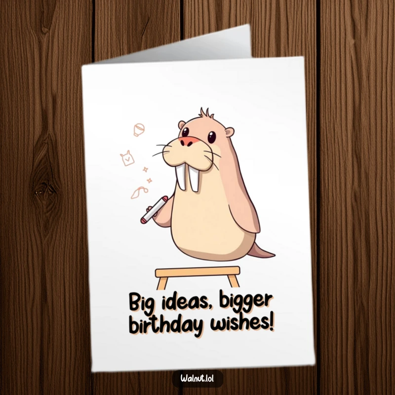 Funny Free Printable Birthday Card: Walrus artist sketching brilliant ideas on a whiteboard with a flipper, full of creative energy.