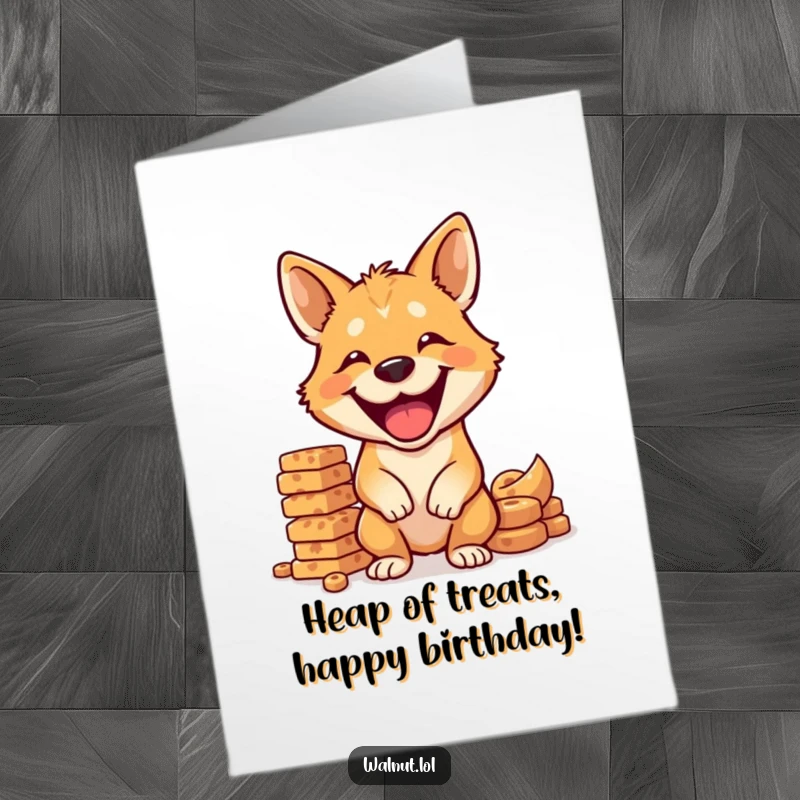 Funny Free Printable Birthday Card: A delighted dog grinning widely while perfectly balancing a huge, tempting stack of treats.