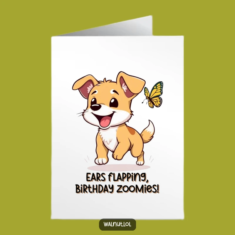Free Printable Birthday Card: Floppy Eared Dog Chasing Butterfly Fun