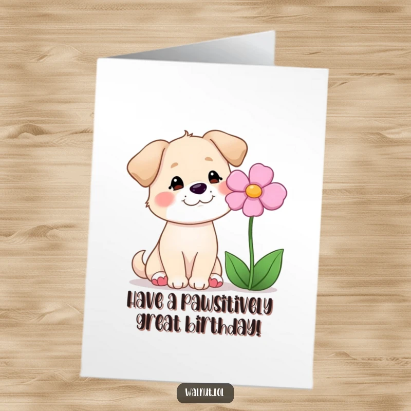 Funny Free Printable Happy Birthday Card: Dog with a serene smile lovingly gazing at a delicate flower, celebrating a peaceful birthday.