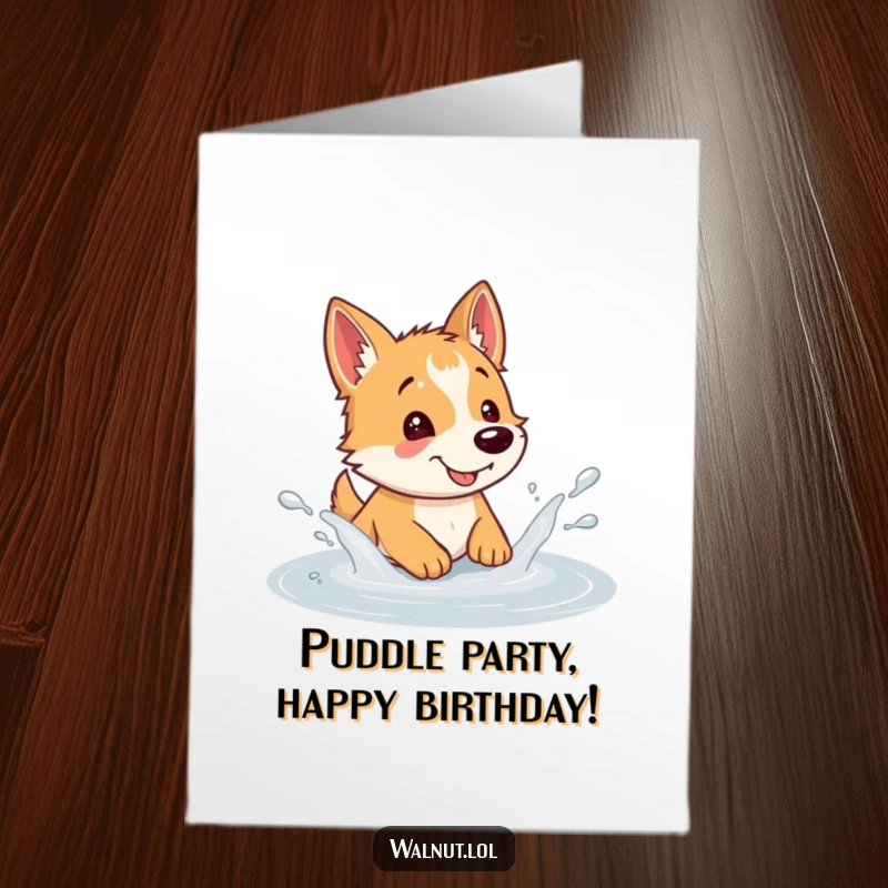 Funny Free Printable Birthday Card featuring a delighted wild dog joyfully splashing water in a muddy puddle.