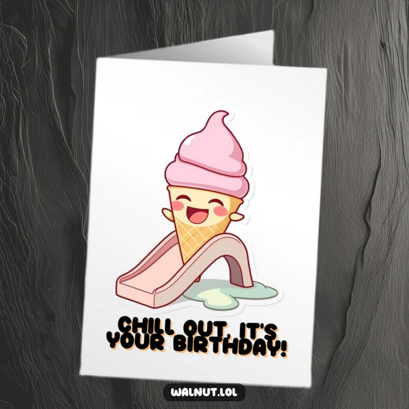 Funny Free Printable Birthday Card of a laughing ice cream cone character joyfully melting down a slippery slide.