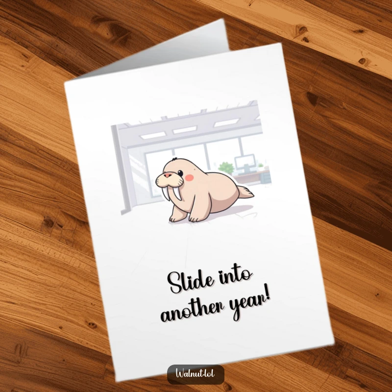 Funny Free Printable Birthday Card showing a happy walrus sliding with glee across a shiny office floor.