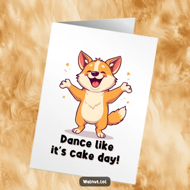 Funny free printable birthday card featuring a wild dog doing an ecstatic, happy dance, full of uncontainable joy.