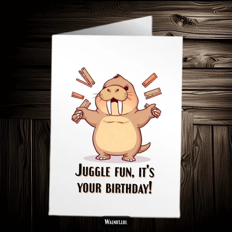 Funny Free Printable Birthday Card featuring a skilled walrus expertly juggling multiple office staplers with a grin.