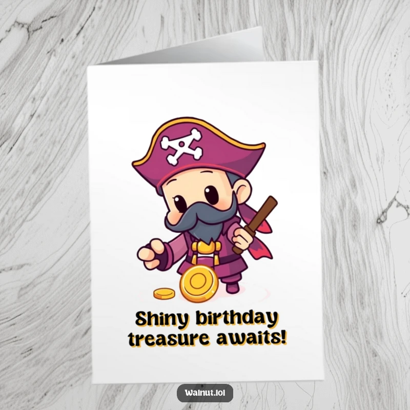 Funny Free Printable Birthday Card: Pirate character excitedly finding a shiny gold coin, with a look of delight.