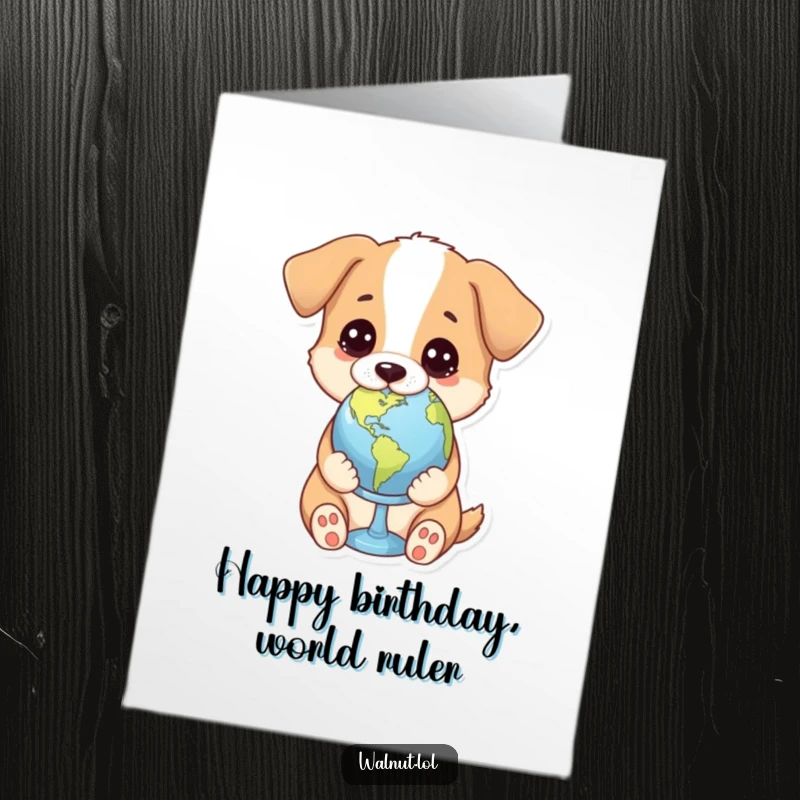 Funny free printable birthday card featuring a dog holding a small globe with a very thoughtful, concerned expression.