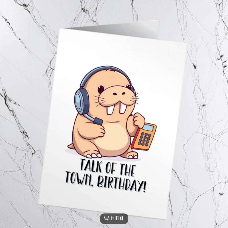 Funny Free Printable Birthday Card of a walrus wearing a headset, professionally answering a ringing office phone.