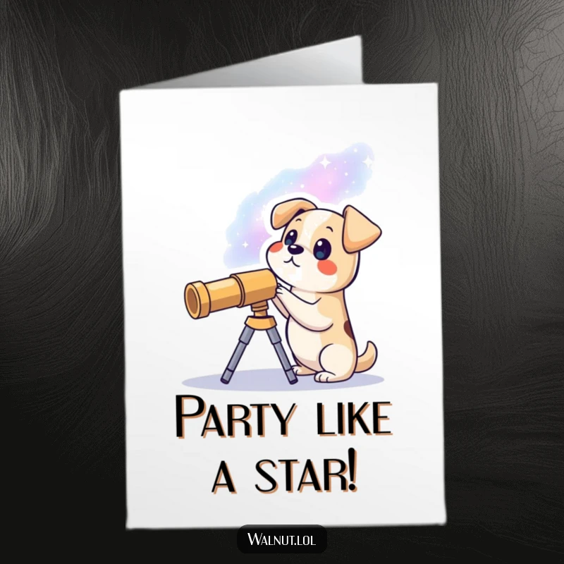 Funny Free Printable Birthday Card: A dog gazing at a galaxy through a telescope, wishing a happy birthday.