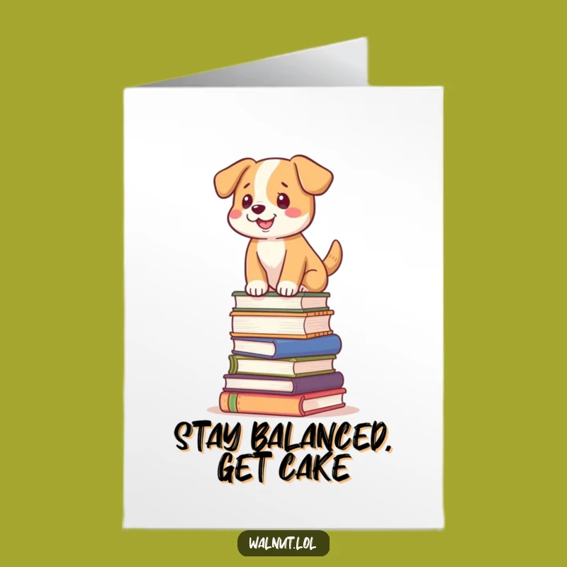 Funny Free Printable Dog Birthday Card: Book Balance Pup Hilarious Downloadable Gift