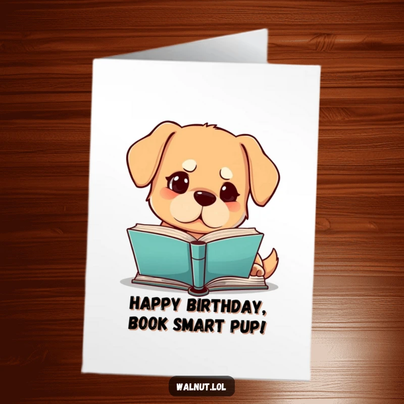 Funny free printable dog birthday card, a dog with a furrowed brow studying a book intently.
