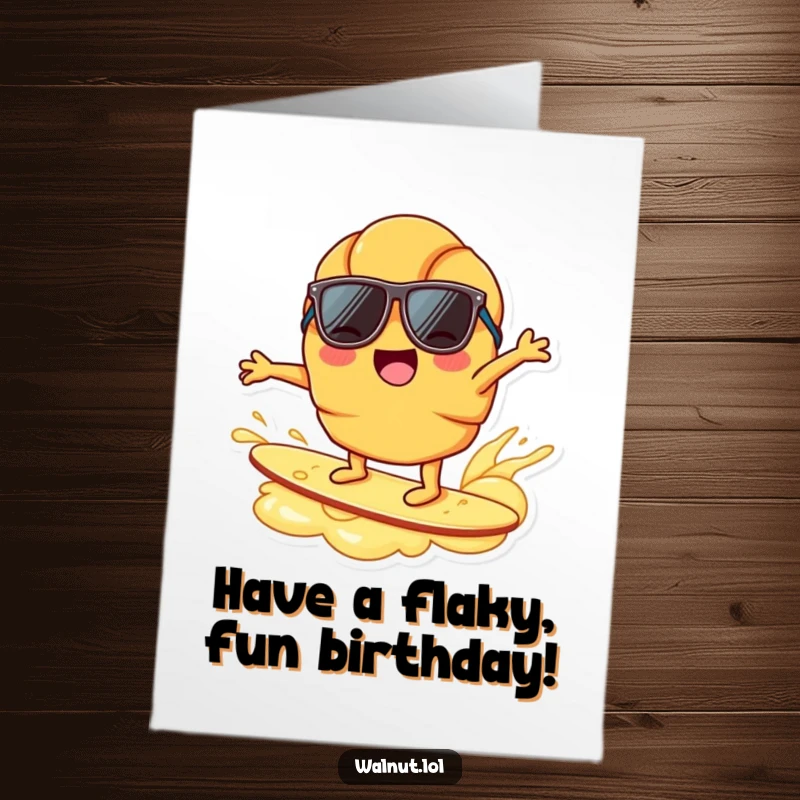 Funny Free Printable Birthday Card: A joyful croissant character wearing sunglasses surfs on a ripple of butter.