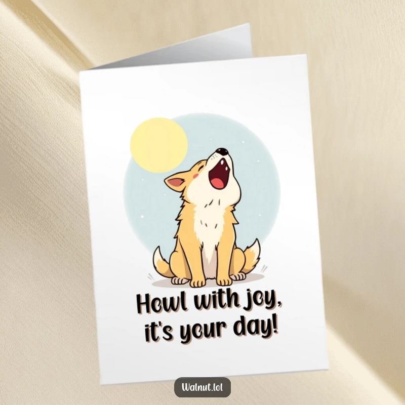 Funny free printable birthday card featuring a wild dog joyfully howling at a big, bright moon, celebrating a special day.
