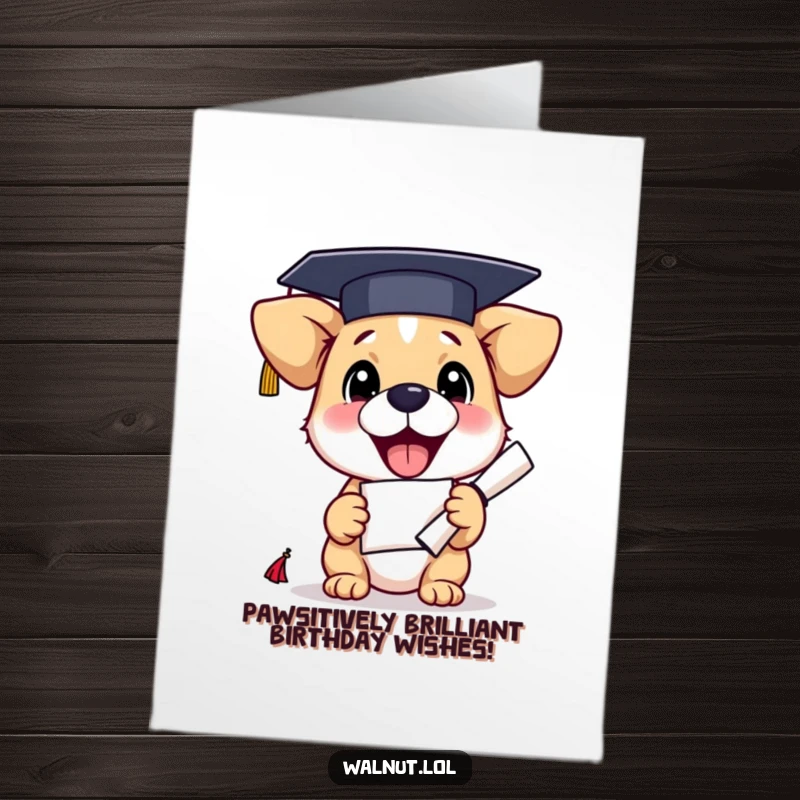 Funny free printable birthday card featuring a jubilant dog in a graduation cap, diploma in paw, ready for a celebration.