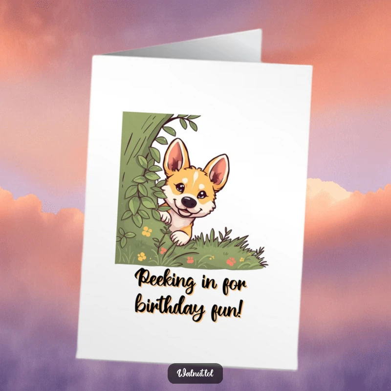 Funny Free Printable Birthday Card: A wild dog peeking out curiously from behind a leafy green bush, a playful surprise.