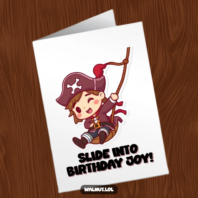 Funny Free Printable pirate gleefully sliding down a rope, perfect for birthday wishes.