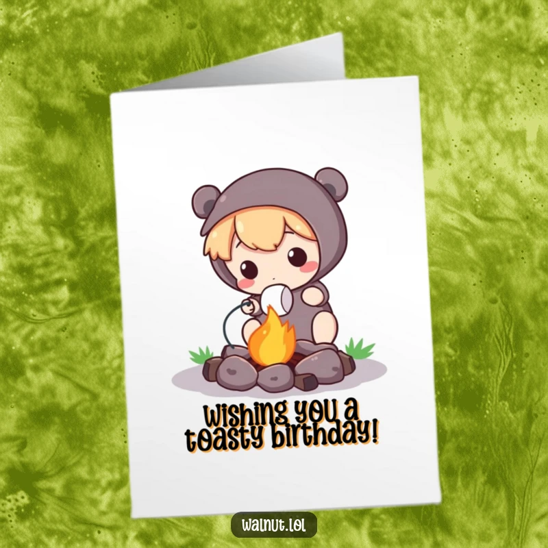 Funny Free Printable Birthday Card of a character roasting a marshmallow over a tiny campfire, celebrating with warmth.