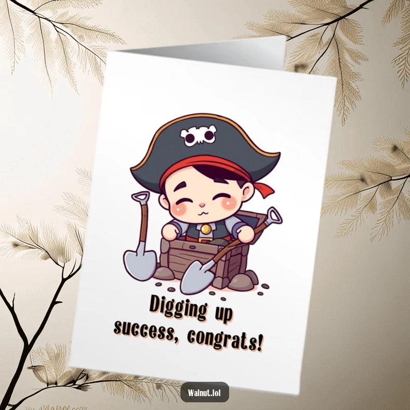 Funny Free Printable pirate joyfully digging a treasure chest with two shovels, celebrating a big win.