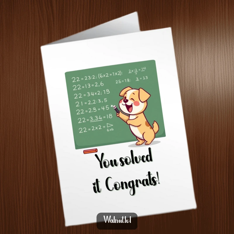 Funny Free Printable Congratulations Card: A smart dog furiously scribbling math equations on a chalkboard to celebrate success.