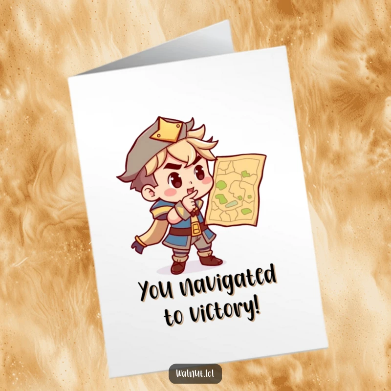Funny Free Printable Congratulations Card: Character points with unwavering determination at a map, celebrating a reached goal.