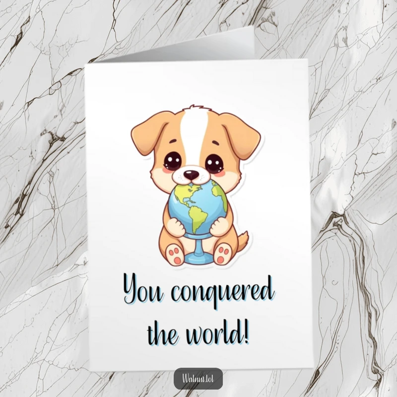 Funny free printable congratulations card with a dog holding a tiny globe, gazing at it thoughtfully.