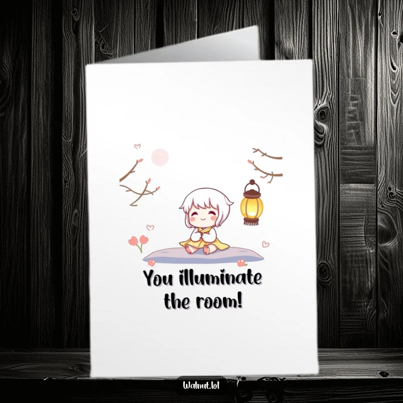 Funny Free Printable Congratulations Card: Character sits contentedly by a twinkling lantern, sharing in the joy of success.