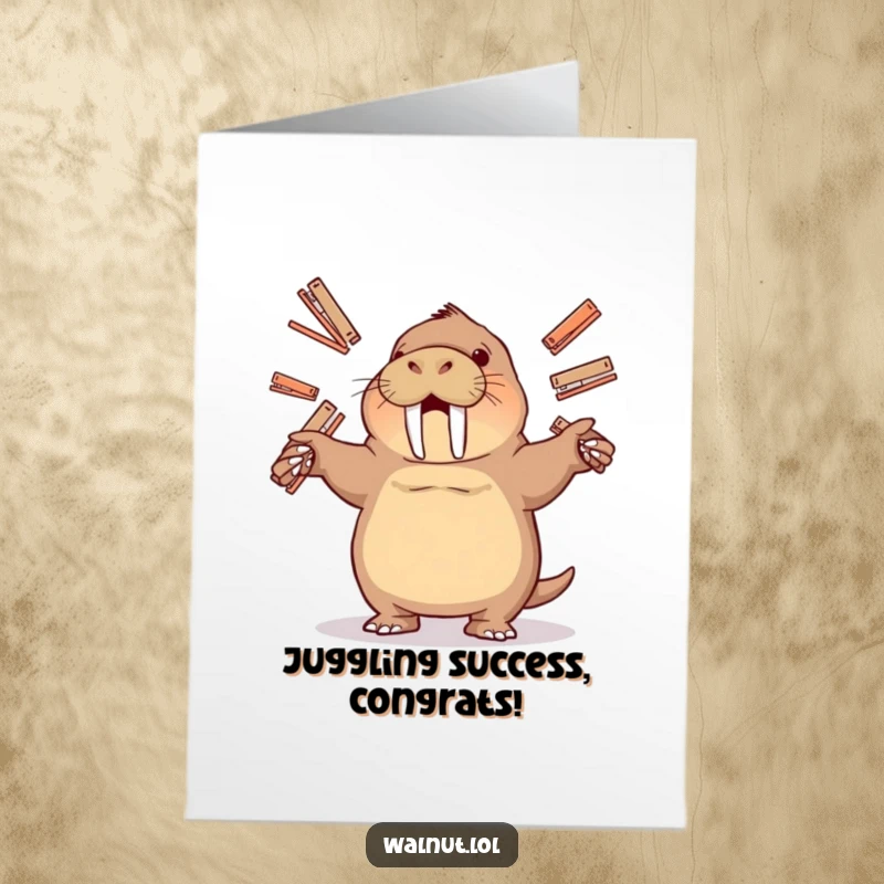 Funny Free Printable Congratulations Card with a talented walrus playfully juggling several staplers with ease.