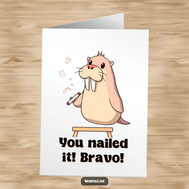 Funny Free Printable Congratulations Card: Walrus artist proudly displays a sketch, symbolizing a successful endeavor, perfect for celebrating wins.