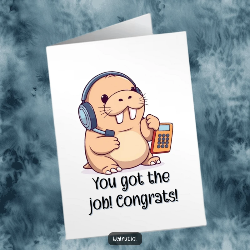 Funny Free Printable Congratulations Card showing a walrus in a headset taking an important business call.