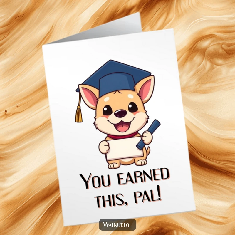 Funny Free Printable Congratulations Card: A dog wearing a graduation cap excitedly holds a diploma, celebrating academic success.