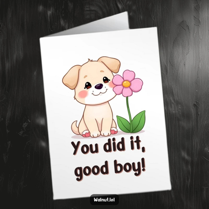 Funny Free Printable Congratulations Card: Dog offering a serene, happy smile towards a blooming flower, celebrating growth and achievement.