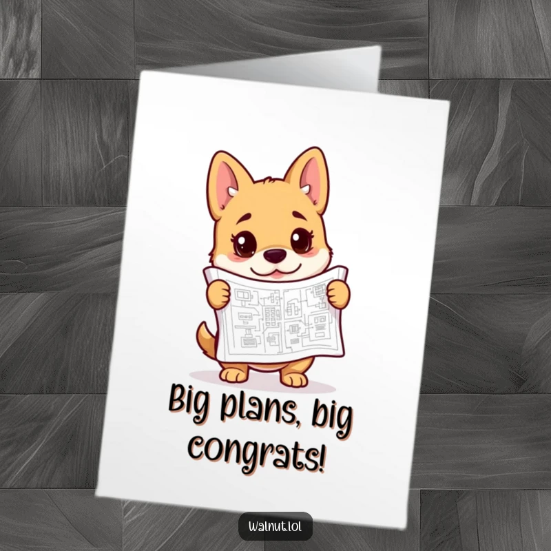 Funny free printable congratulations card: a dog gazes curiously at a detailed blueprint, symbolizing new projects.