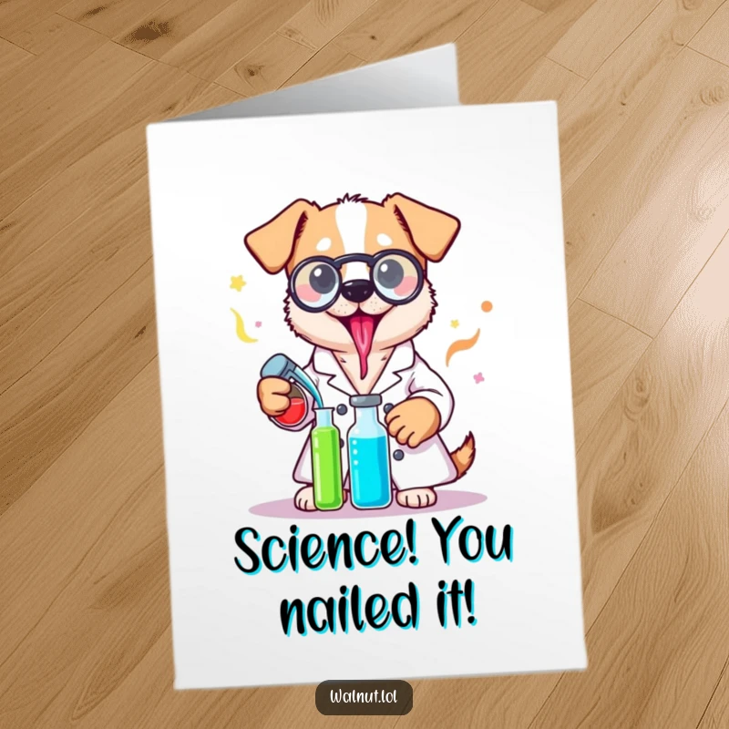 Funny free printable congratulations card: a dog scientist in a lab coat diligently mixes colorful chemicals for a grand experiment.