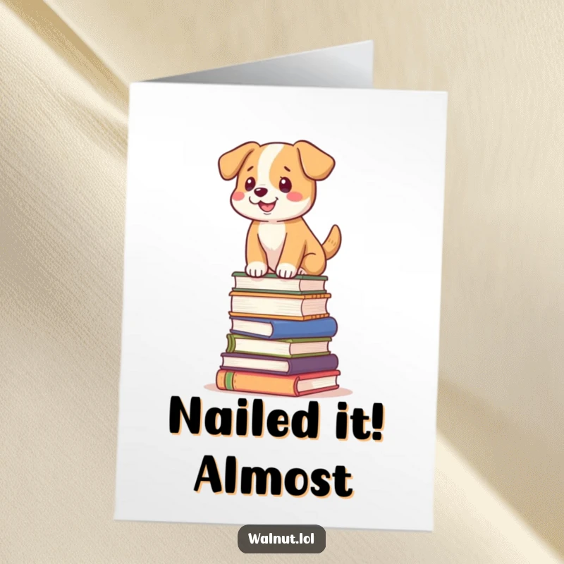 Funny Free Printable Congratulations Card: A dog mastering balance on books, celebrating achievements, a 'Print at Home' downloadable gift.