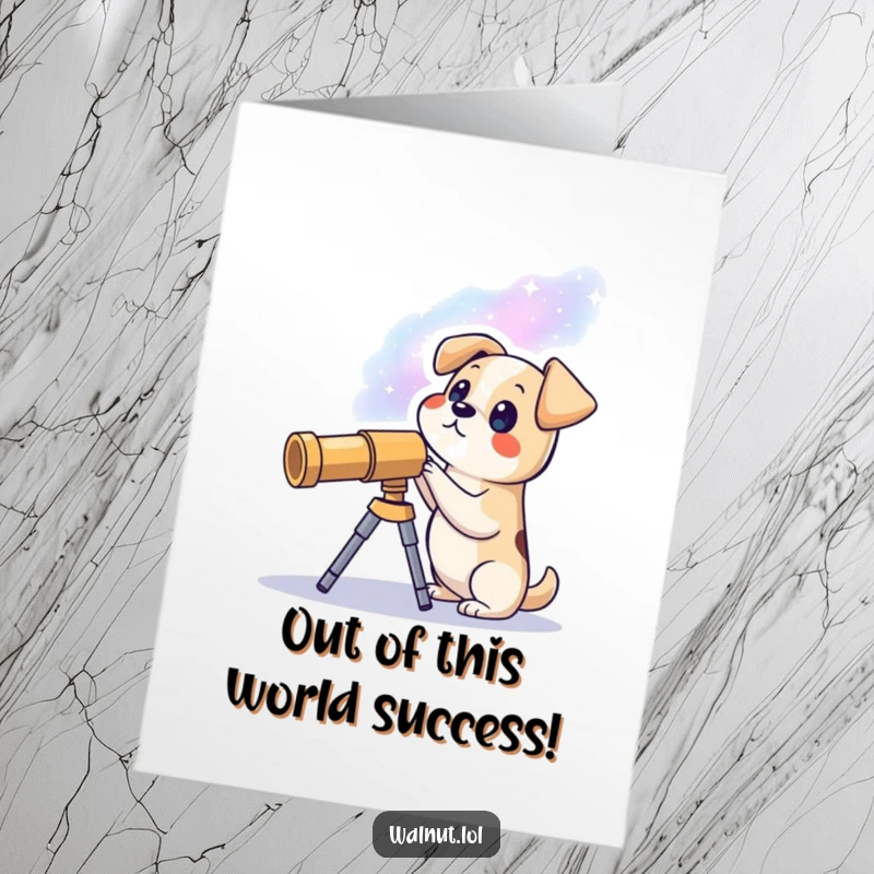 Funny Free Printable Congrats Card featuring a dog looking through a telescope at a distant galaxy, congratulating them.