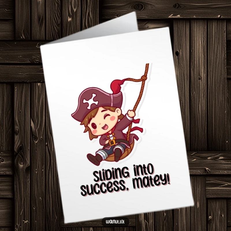 Funny Free Printable pirate making a speedy descent down a rope, celebrating success.