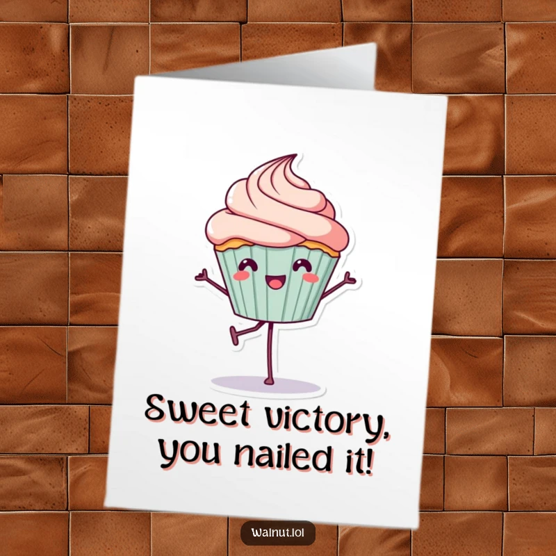 Funny Free Printable Congratulations Card with a sweet cupcake character performing a wobbly one-legged balance.