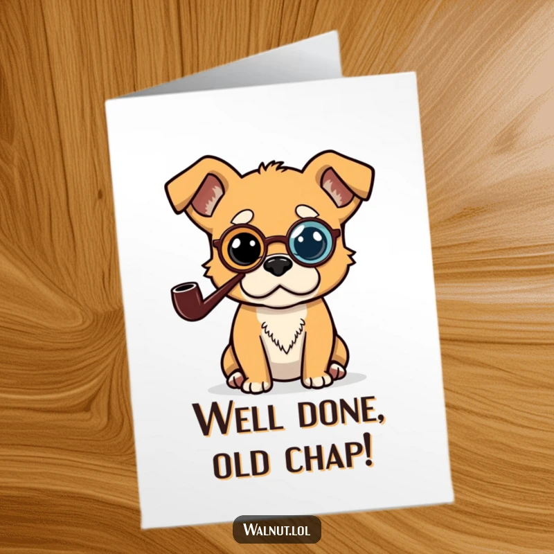 Funny free printable congratulations card with a dog wearing a monocle and pipe, looking extremely intellectual.