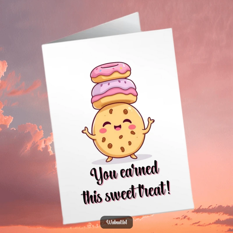 Free Printable Congratulations Card of a giggling cookie character balancing miniature donuts on its head.