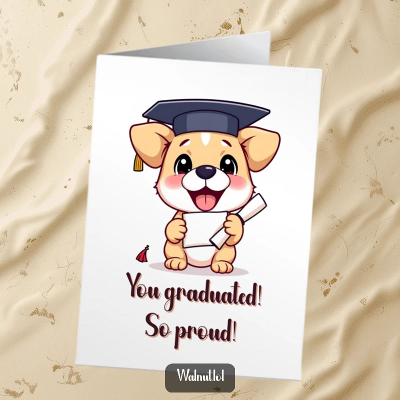 Funny free printable congratulations card showing a proud dog wearing a graduation cap and holding a diploma with excitement.