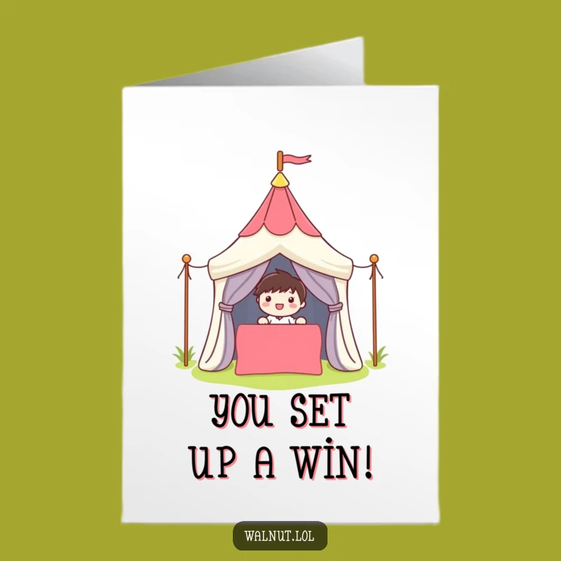Free Printable Congrats Card: Happy Camper Character Sets Up Success, Downloadable Gift