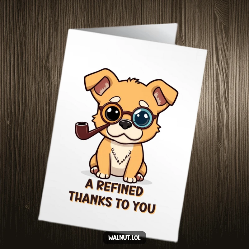 Funny free printable thank you card featuring a distinguished dog with a pipe and monocle, looking thoughtful.