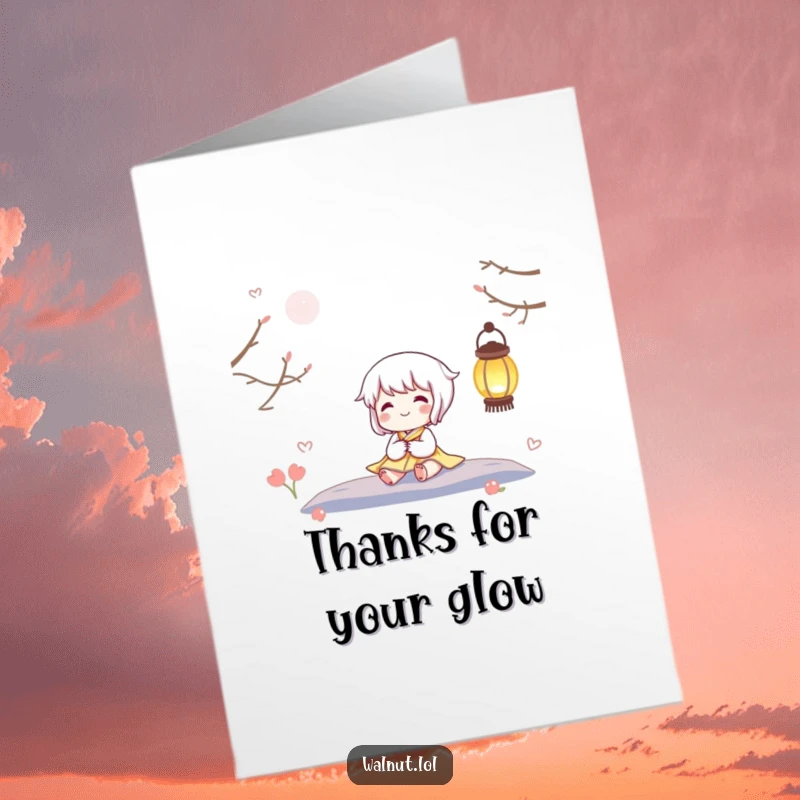 Funny Free Printable Thank You Card: Character enjoys the warm glow of a lantern, expressing sincere thanks.